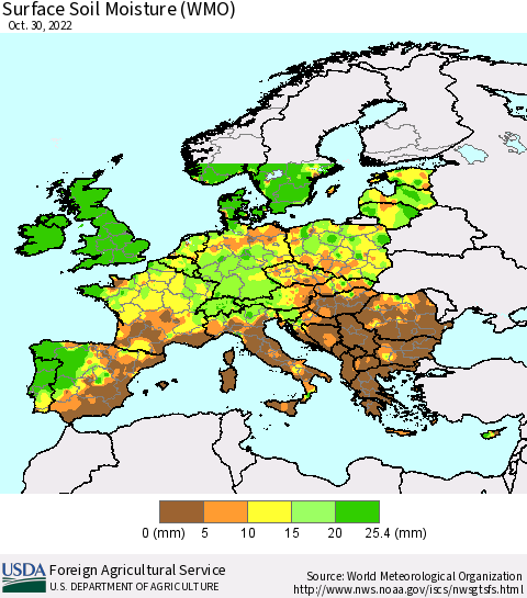Europe Surface Soil Moisture (WMO) Thematic Map For 10/24/2022 - 10/30/2022