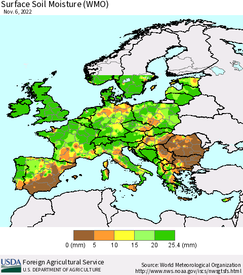 Europe Surface Soil Moisture (WMO) Thematic Map For 10/31/2022 - 11/6/2022
