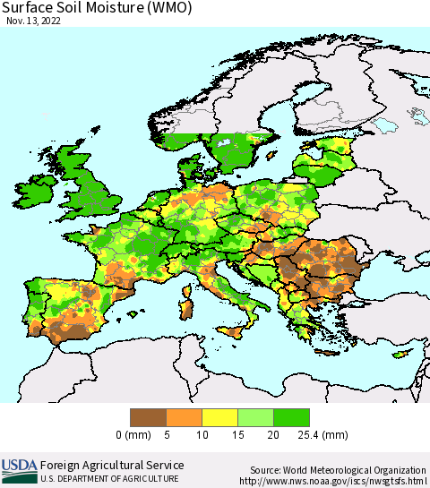 Europe Surface Soil Moisture (WMO) Thematic Map For 11/7/2022 - 11/13/2022