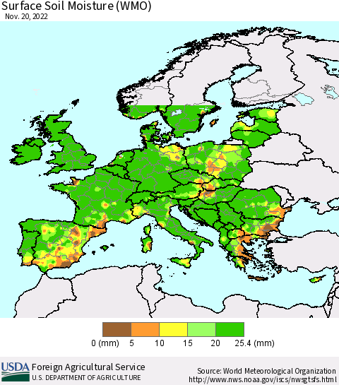Europe Surface Soil Moisture (WMO) Thematic Map For 11/14/2022 - 11/20/2022