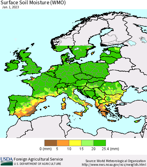 Europe Surface Soil Moisture (WMO) Thematic Map For 12/26/2022 - 1/1/2023