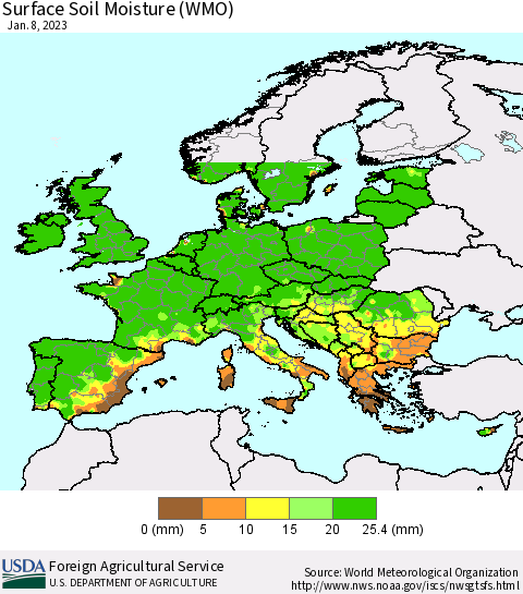 Europe Surface Soil Moisture (WMO) Thematic Map For 1/2/2023 - 1/8/2023