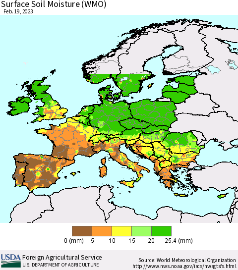 Europe Surface Soil Moisture (WMO) Thematic Map For 2/13/2023 - 2/19/2023