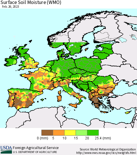 Europe Surface Soil Moisture (WMO) Thematic Map For 2/20/2023 - 2/26/2023