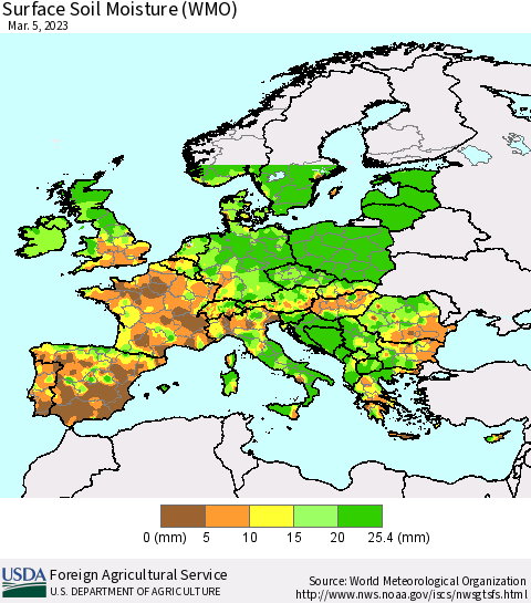 Europe Surface Soil Moisture (WMO) Thematic Map For 2/27/2023 - 3/5/2023
