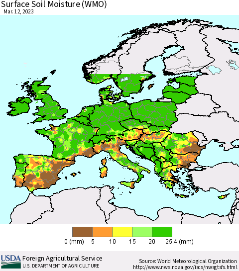 Europe Surface Soil Moisture (WMO) Thematic Map For 3/6/2023 - 3/12/2023