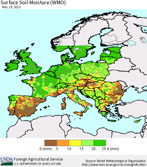 Europe Surface Soil Moisture (WMO) Thematic Map For 3/13/2023 - 3/19/2023