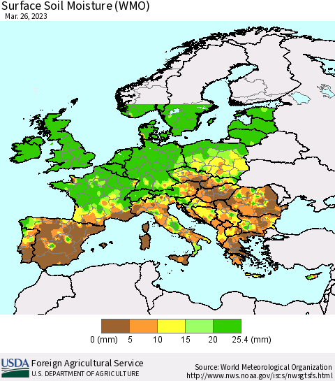 Europe Surface Soil Moisture (WMO) Thematic Map For 3/20/2023 - 3/26/2023