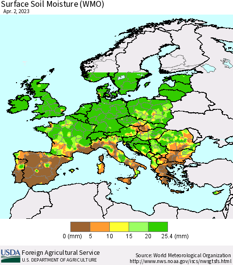 Europe Surface Soil Moisture (WMO) Thematic Map For 3/27/2023 - 4/2/2023