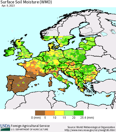 Europe Surface Soil Moisture (WMO) Thematic Map For 4/3/2023 - 4/9/2023