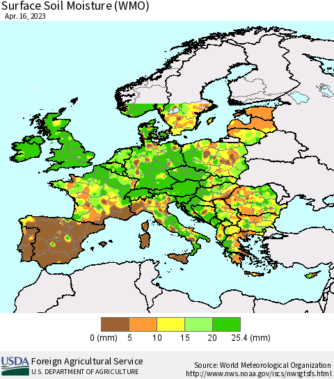 Europe Surface Soil Moisture (WMO) Thematic Map For 4/10/2023 - 4/16/2023