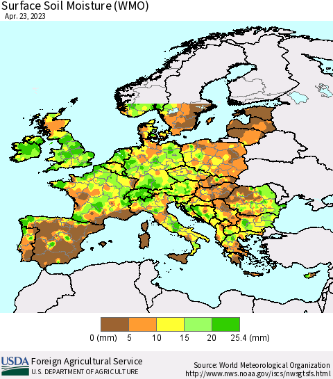 Europe Surface Soil Moisture (WMO) Thematic Map For 4/17/2023 - 4/23/2023