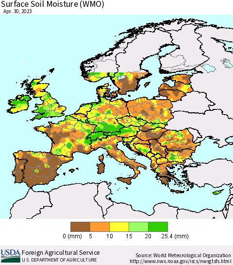 Europe Surface Soil Moisture (WMO) Thematic Map For 4/24/2023 - 4/30/2023