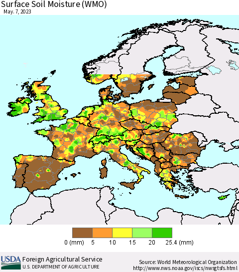 Europe Surface Soil Moisture (WMO) Thematic Map For 5/1/2023 - 5/7/2023