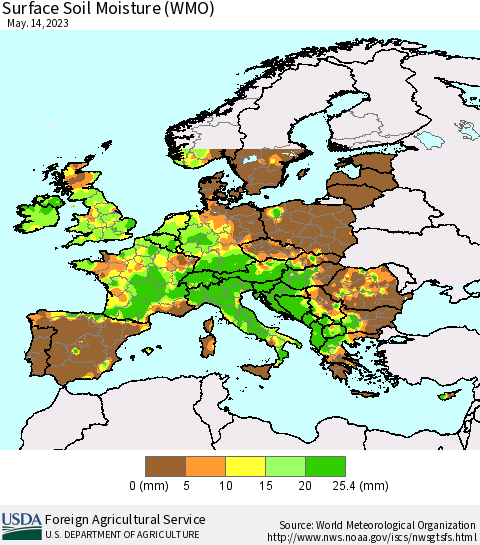 Europe Surface Soil Moisture (WMO) Thematic Map For 5/8/2023 - 5/14/2023
