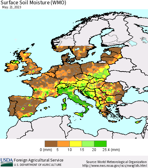 Europe Surface Soil Moisture (WMO) Thematic Map For 5/15/2023 - 5/21/2023