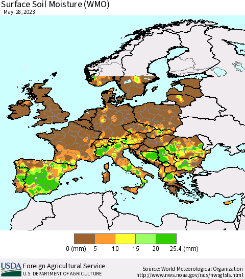 Europe Surface Soil Moisture (WMO) Thematic Map For 5/22/2023 - 5/28/2023