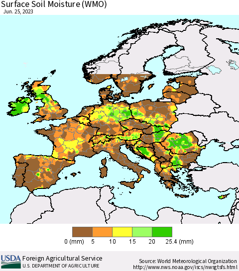 Europe Surface Soil Moisture (WMO) Thematic Map For 6/19/2023 - 6/25/2023