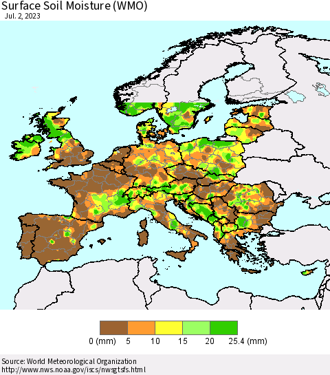Europe Surface Soil Moisture (WMO) Thematic Map For 6/26/2023 - 7/2/2023
