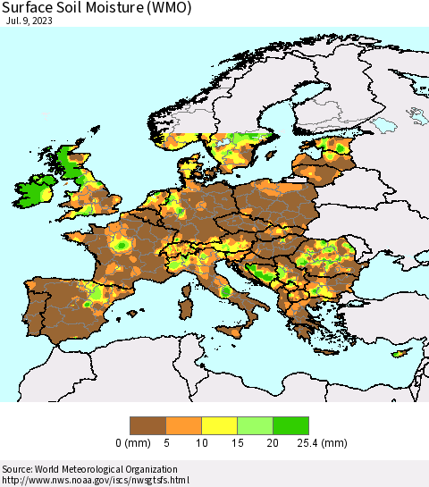 Europe Surface Soil Moisture (WMO) Thematic Map For 7/3/2023 - 7/9/2023
