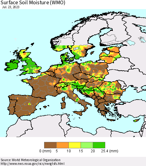 Europe Surface Soil Moisture (WMO) Thematic Map For 7/17/2023 - 7/23/2023