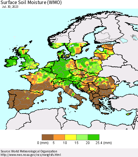 Europe Surface Soil Moisture (WMO) Thematic Map For 7/24/2023 - 7/30/2023