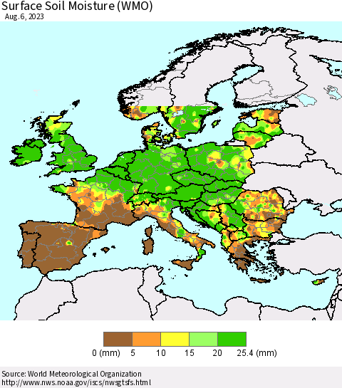 Europe Surface Soil Moisture (WMO) Thematic Map For 7/31/2023 - 8/6/2023