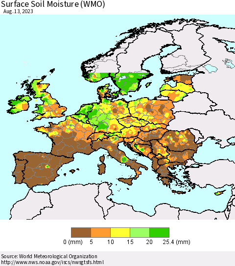 Europe Surface Soil Moisture (WMO) Thematic Map For 8/7/2023 - 8/13/2023