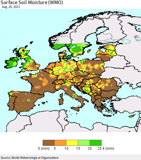 Europe Surface Soil Moisture (WMO) Thematic Map For 8/14/2023 - 8/20/2023