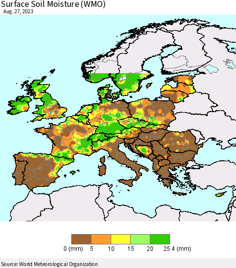 Europe Surface Soil Moisture (WMO) Thematic Map For 8/21/2023 - 8/27/2023