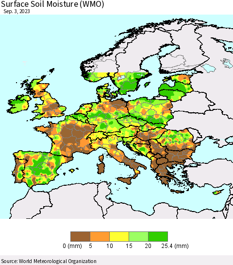 Europe Surface Soil Moisture (WMO) Thematic Map For 8/28/2023 - 9/3/2023