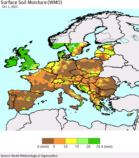 Europe Surface Soil Moisture (WMO) Thematic Map For 9/25/2023 - 10/1/2023