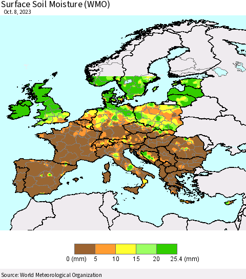 Europe Surface Soil Moisture (WMO) Thematic Map For 10/2/2023 - 10/8/2023