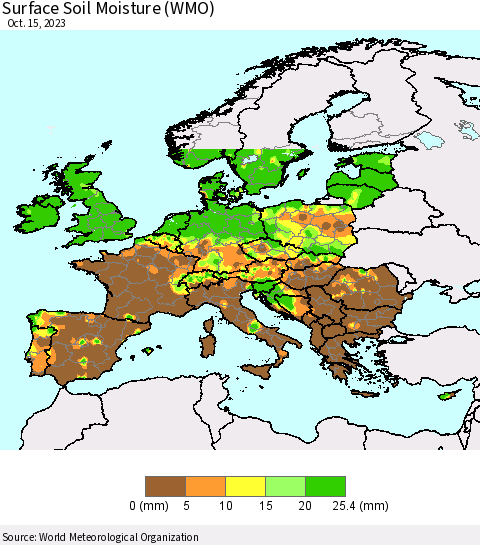 Europe Surface Soil Moisture (WMO) Thematic Map For 10/9/2023 - 10/15/2023