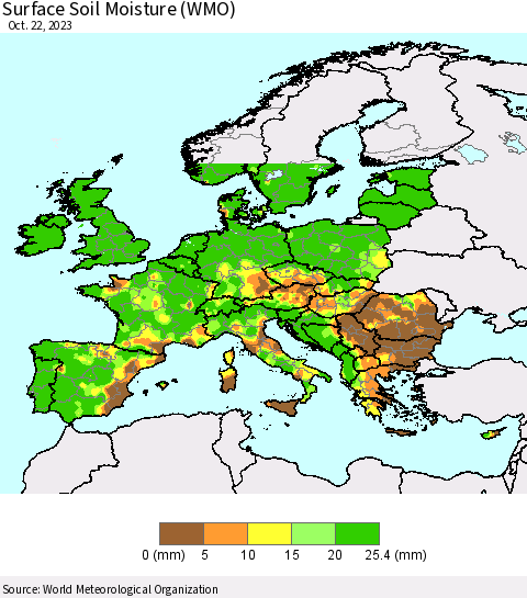 Europe Surface Soil Moisture (WMO) Thematic Map For 10/16/2023 - 10/22/2023