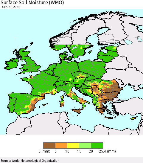 Europe Surface Soil Moisture (WMO) Thematic Map For 10/23/2023 - 10/29/2023