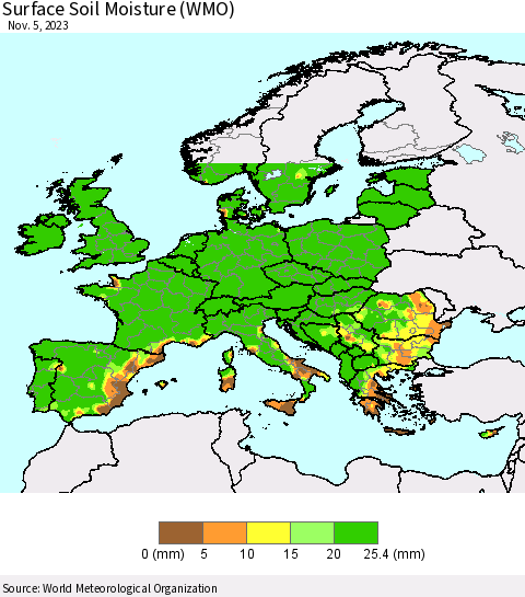 Europe Surface Soil Moisture (WMO) Thematic Map For 10/30/2023 - 11/5/2023