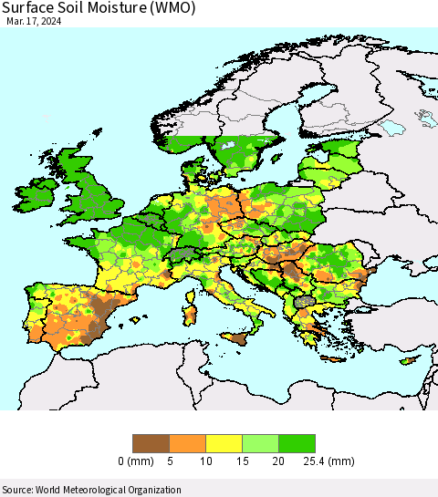 Europe Surface Soil Moisture (WMO) Thematic Map For 3/11/2024 - 3/17/2024