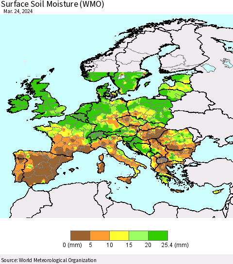 Europe Surface Soil Moisture (WMO) Thematic Map For 3/18/2024 - 3/24/2024