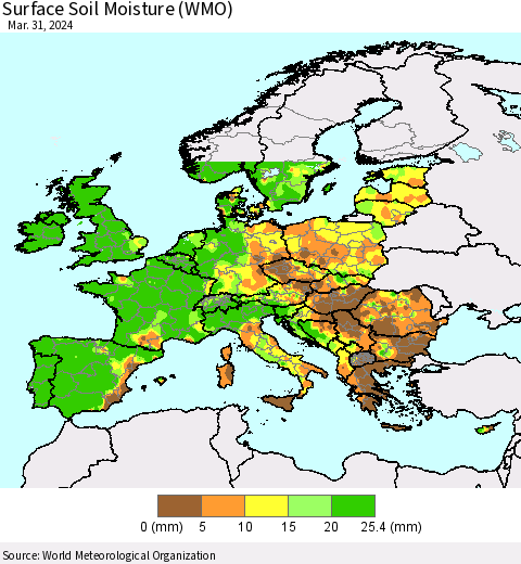 Europe Surface Soil Moisture (WMO) Thematic Map For 3/25/2024 - 3/31/2024