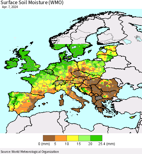Europe Surface Soil Moisture (WMO) Thematic Map For 4/1/2024 - 4/7/2024