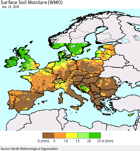 Europe Surface Soil Moisture (WMO) Thematic Map For 4/8/2024 - 4/14/2024