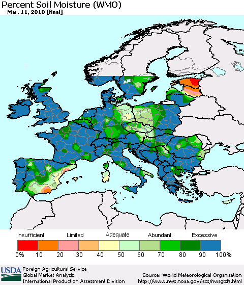Europe Percent Soil Moisture (WMO) Thematic Map For 3/5/2018 - 3/11/2018