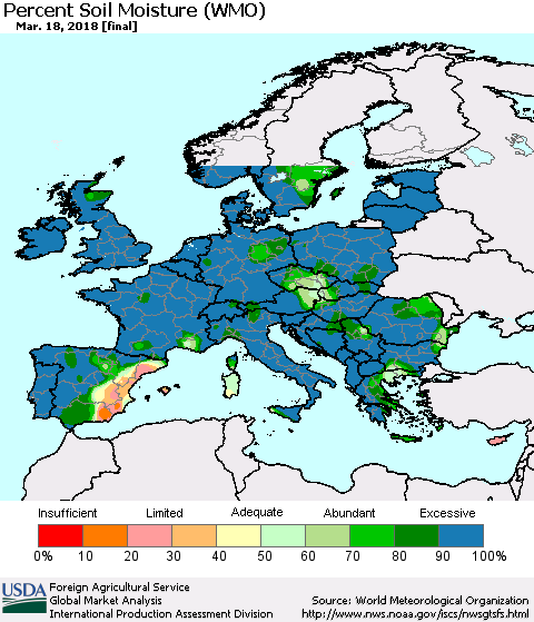 Europe Percent Soil Moisture (WMO) Thematic Map For 3/12/2018 - 3/18/2018
