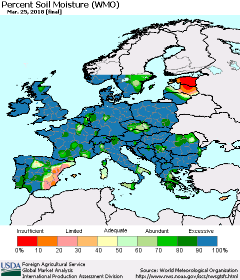 Europe Percent Soil Moisture (WMO) Thematic Map For 3/19/2018 - 3/25/2018