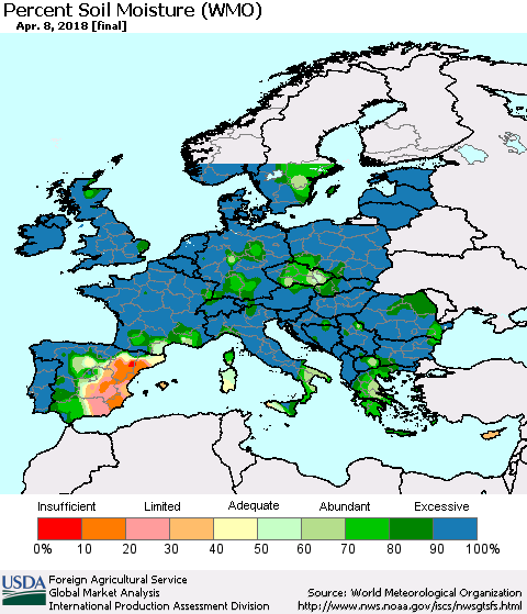 Europe Percent Soil Moisture (WMO) Thematic Map For 4/2/2018 - 4/8/2018