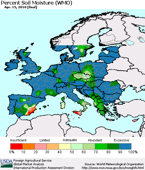 Europe Percent Soil Moisture (WMO) Thematic Map For 4/9/2018 - 4/15/2018