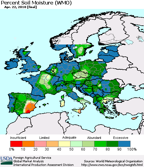 Europe Percent Soil Moisture (WMO) Thematic Map For 4/16/2018 - 4/22/2018