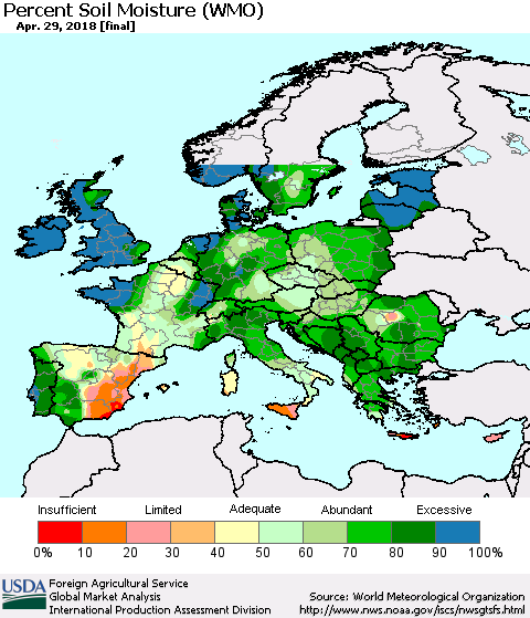 Europe Percent Soil Moisture (WMO) Thematic Map For 4/23/2018 - 4/29/2018