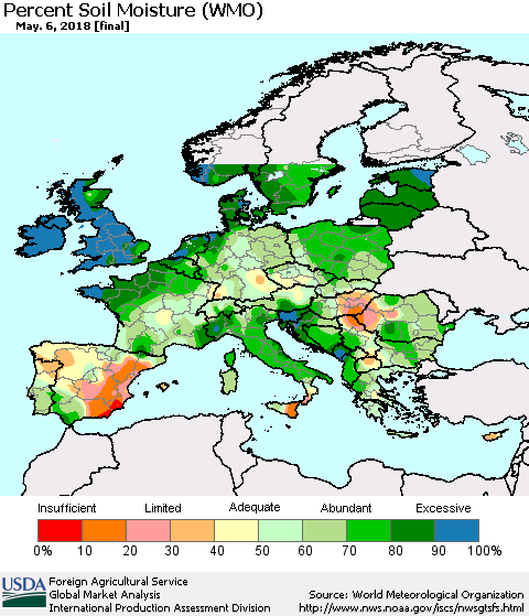 Europe Percent Soil Moisture (WMO) Thematic Map For 4/30/2018 - 5/6/2018